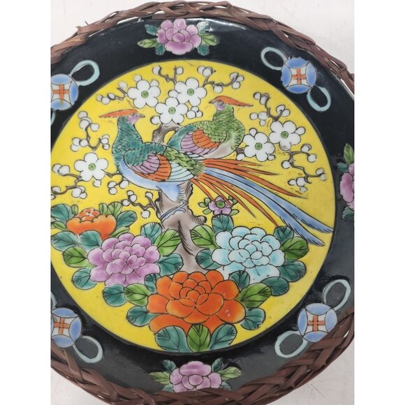 Vintage Yamatoku Kiln Japan Porcelain Phoenix Bird Plate Wicker Frame Decorative - Picture 2 of 6